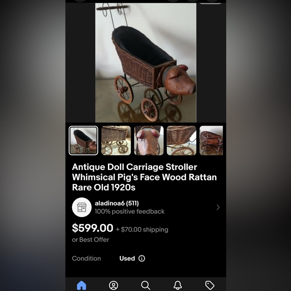 Antique Doll Carriage Stroller Whimsical Pig's Face Wood Rattan Rare Old 1920s